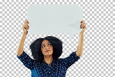 Buy stock photo Woman thinking, speech bubble and poster mockup for communication, language or translation FAQ. Young, african person voice, chat space and idea or information isolated on transparent png background