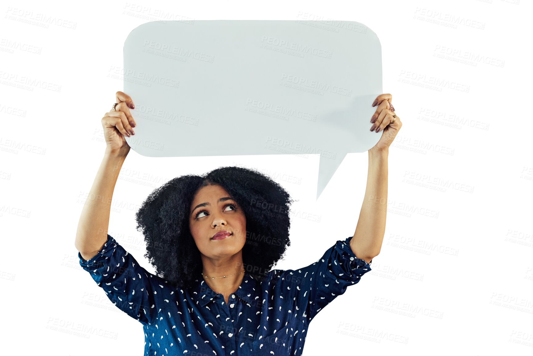 Buy stock photo Woman thinking, speech bubble and poster mockup for communication, language or translation FAQ. Young, african person voice, chat space and idea or information isolated on transparent png background