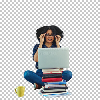 Buy stock photo College student, glasses and reading on computer with books for elearning, course or isolated, transparent or png background. University, education and person studying online with textbook knowledge