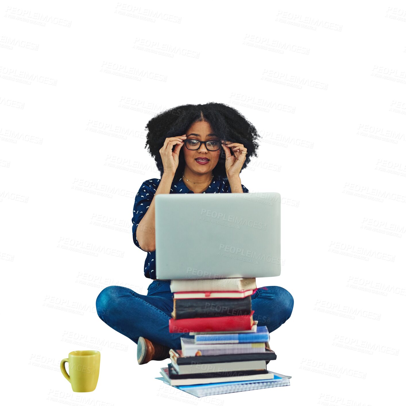 Buy stock photo College student, glasses and reading on computer with books for elearning, course or isolated, transparent or png background. University, education and person studying online with textbook knowledge