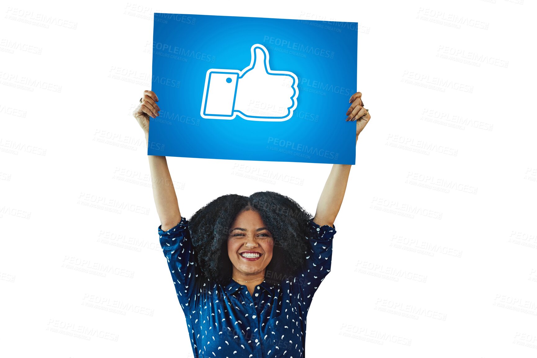 Buy stock photo Happy woman, portrait and billboard with like emoji, yes sign or OK isolated on a transparent PNG background. Female person with poster, emoticon or subscribe for social media, comment or feedback