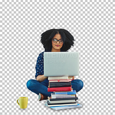 Buy stock photo Female student, books and laptop to study with coffee for assignment, seminar or e learning. Young woman, concentrate and online in college on isolated or a transparent png background with homework