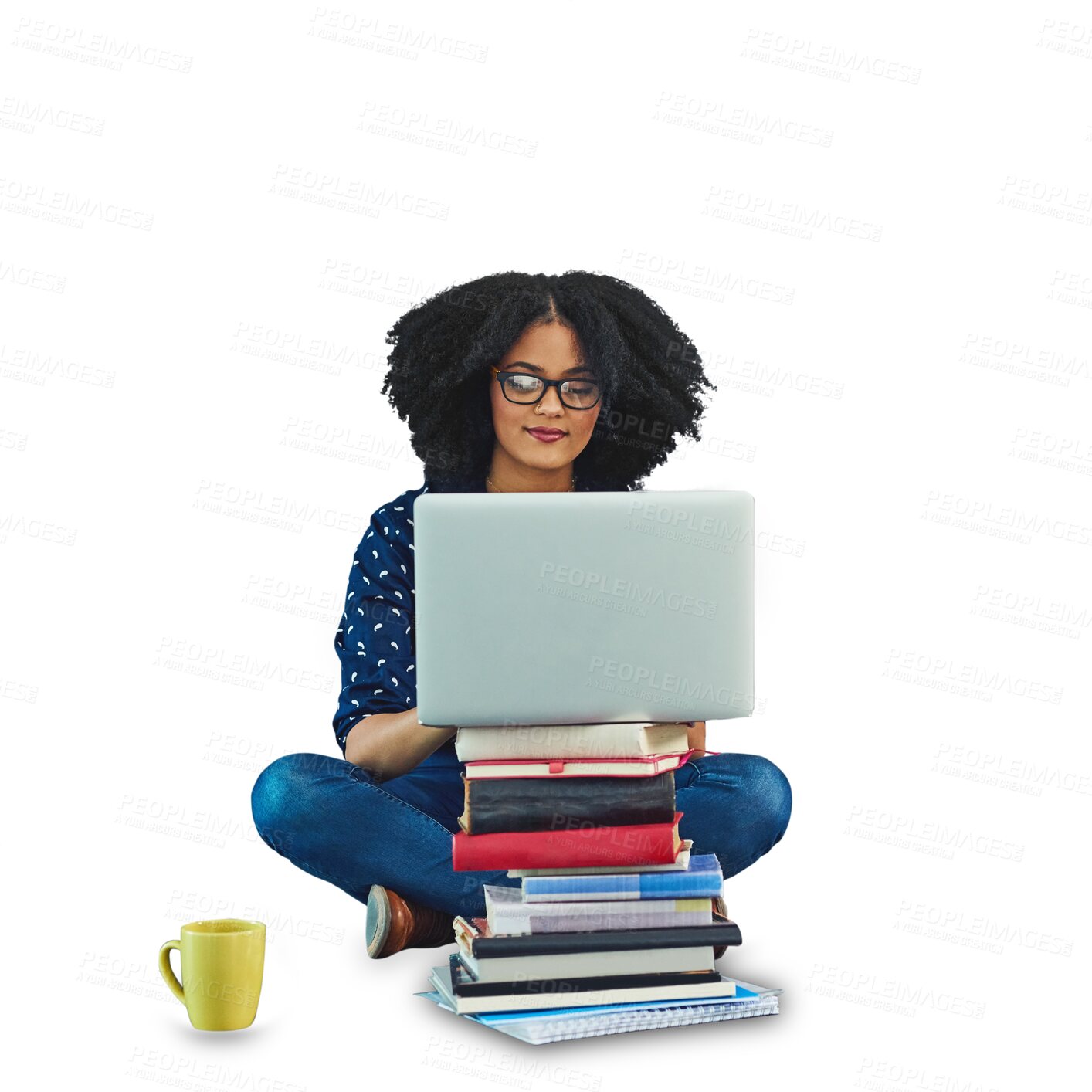 Buy stock photo Female student, books and laptop to study with coffee for assignment, seminar or e learning. Young woman, concentrate and online in college on isolated or a transparent png background with homework