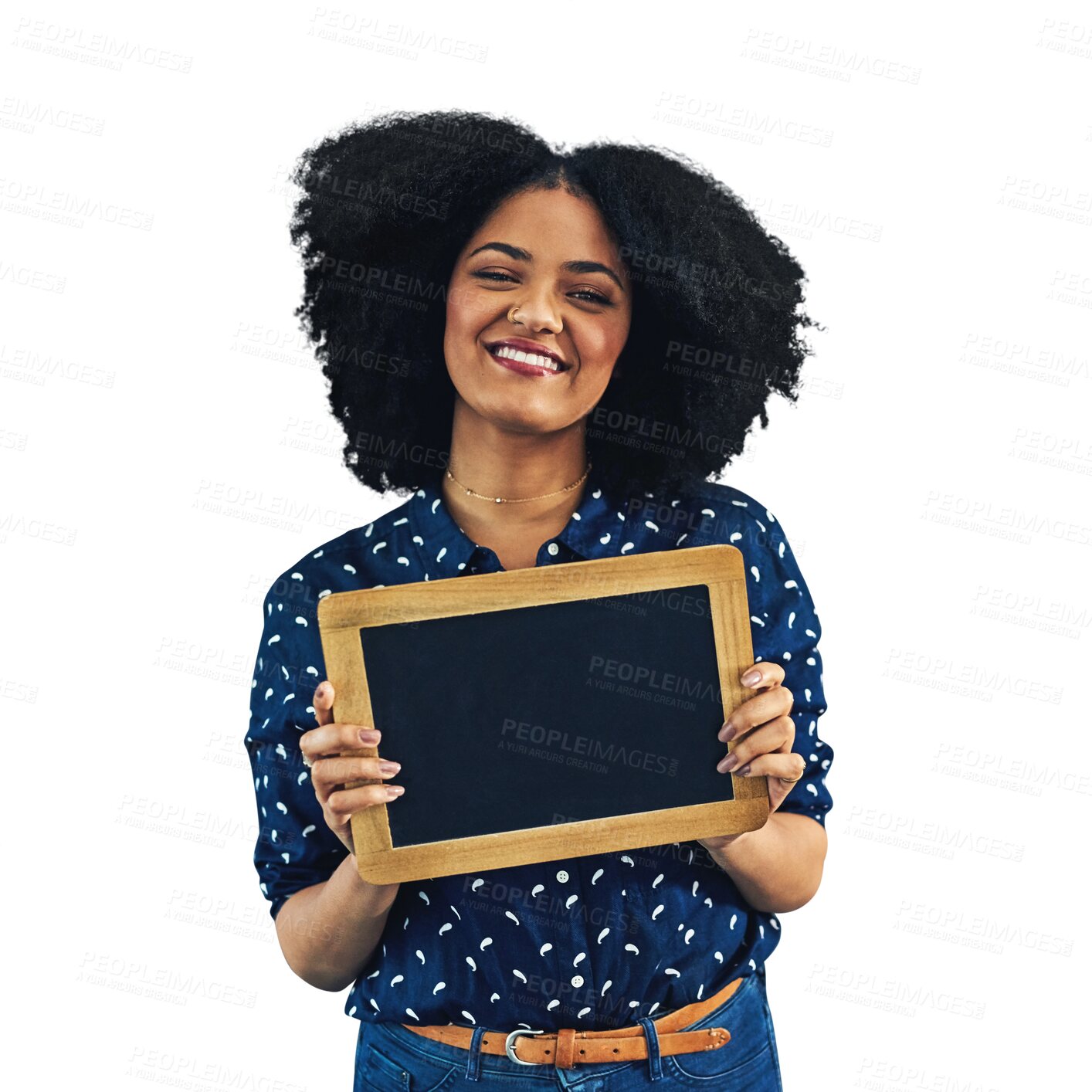 Buy stock photo Portrait, smile and woman with chalkboard for mockup space isolated on a transparent png background. Face, African person and board for advertising, marketing promotion or presentation of information