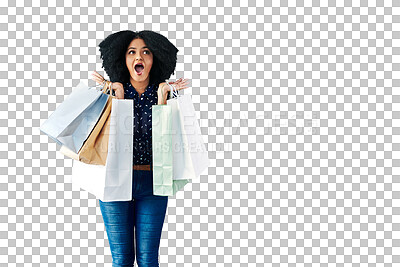 Buy stock photo Woman, winner wow and shopping bag for discount, sale or excited, winning and retail giveaway. African person or customer with commerce surprise, bonus or gift isolated on transparent png background