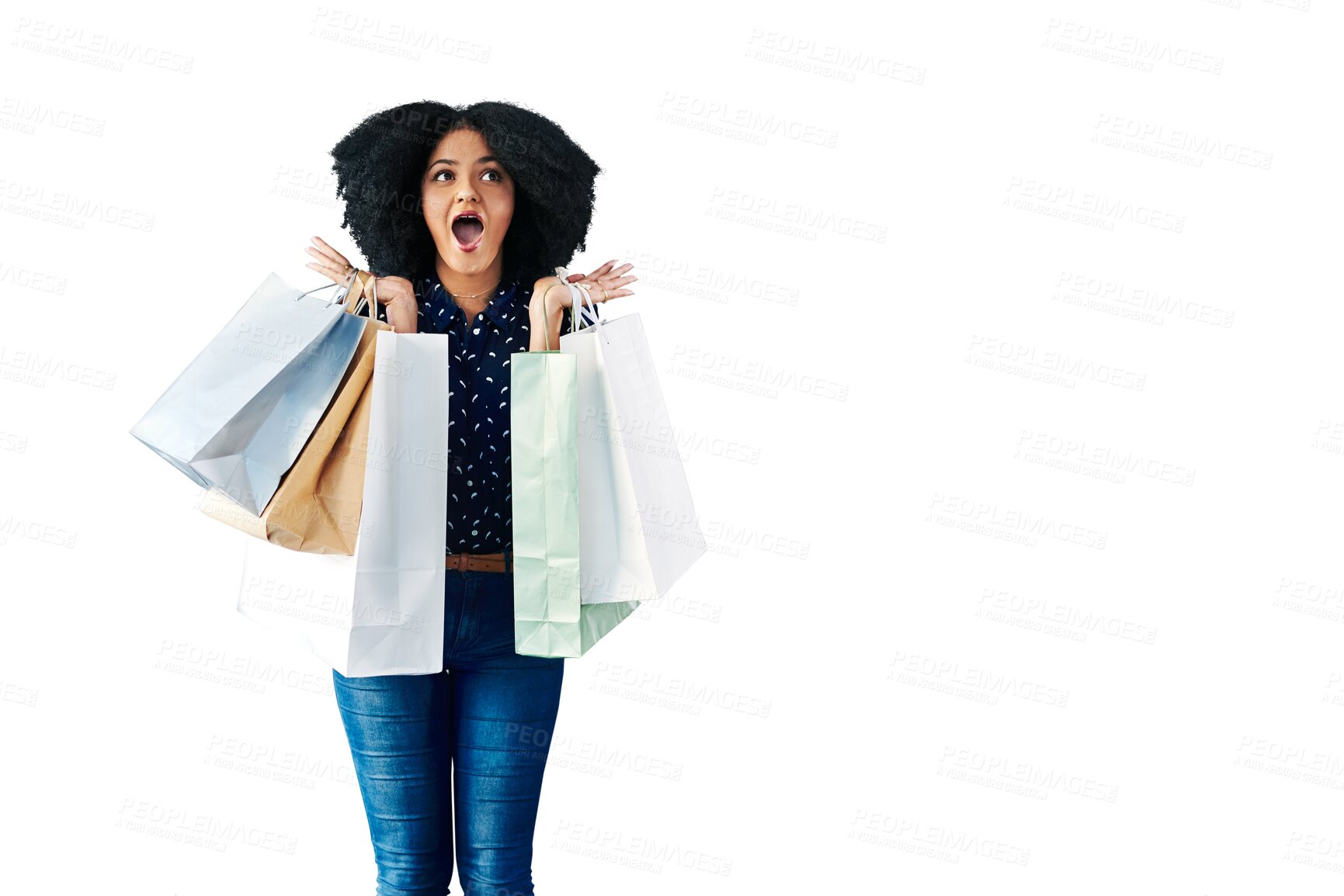 Buy stock photo Woman, winner wow and shopping bag for discount, sale or excited, winning and retail giveaway. African person or customer with commerce surprise, bonus or gift isolated on transparent png background