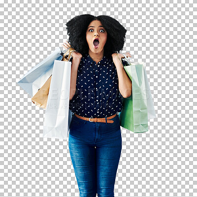 Buy stock photo Woman, surprise and shopping bag for fashion discount, sale or winner winning in retail giveaway. African person or customer portrait for commerce, wow and deal isolated on transparent png background