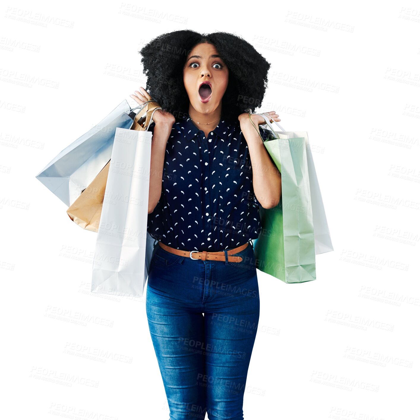 Buy stock photo Woman, surprise and shopping bag for fashion discount, sale or winner winning in retail giveaway. African person or customer portrait for commerce, wow and deal isolated on transparent png background