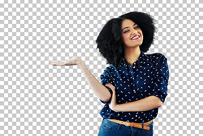 Buy stock photo Portrait, smile and palm space of woman isolated on transparent png background. Face, happy African person with hand for advertising and marketing presentation, promotion offer and decision of choice