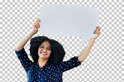 Buy stock photo Portrait, speech bubble and woman with news, announcement and smile isolated on a transparent background. Face, happy person or model with a banner, poster and communication with png and social media