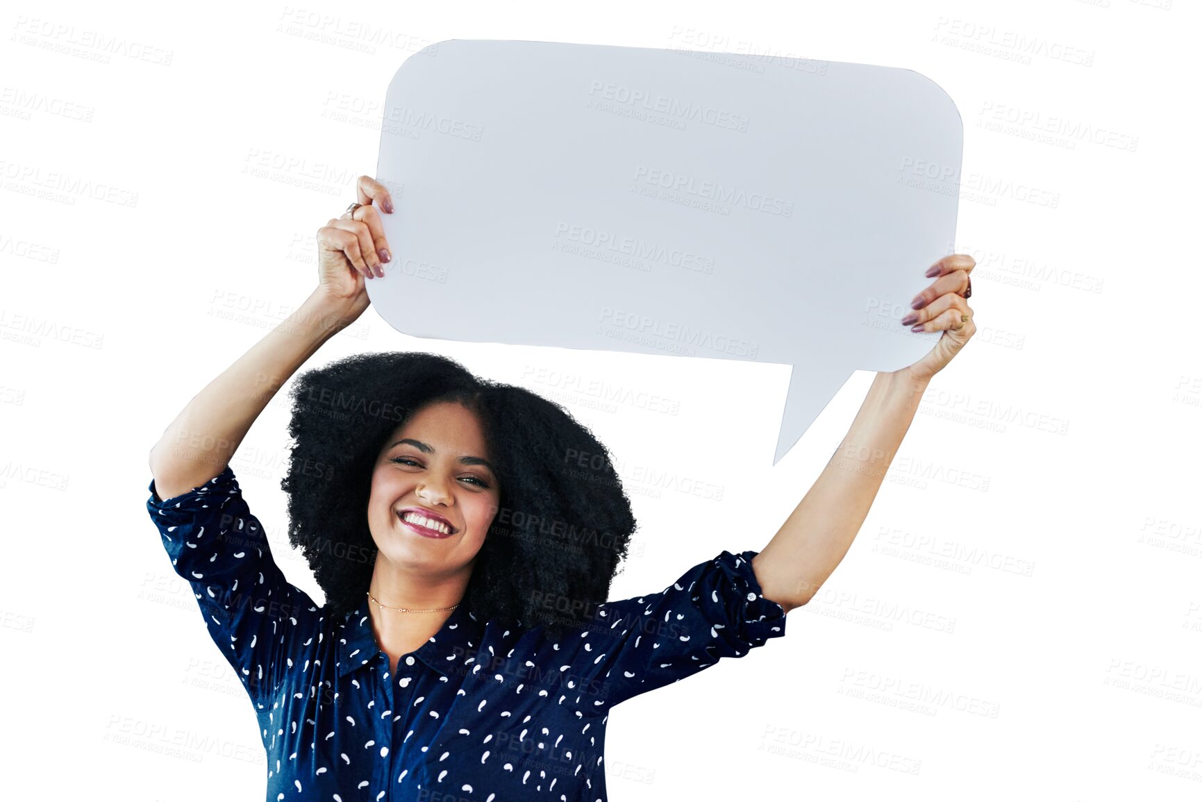 Buy stock photo Portrait, speech bubble and woman with news, announcement and smile isolated on a transparent background. Face, happy person or model with a banner, poster and communication with png and social media