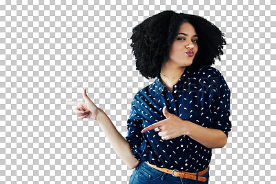 Buy stock photo Hands, pointing and portrait of black woman with a choice, decision and presentation on isolated, transparent or png background. Promotion, gesture and person with announcement of sale or branding