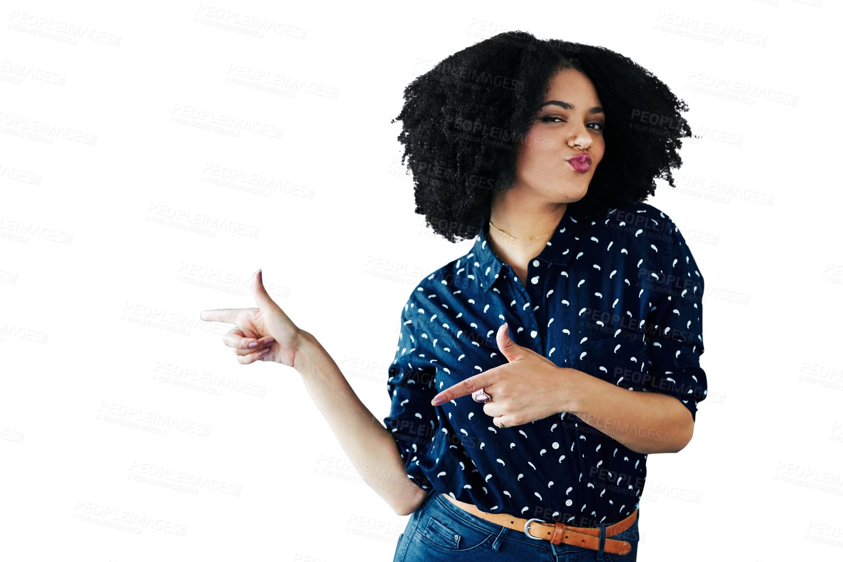 Buy stock photo Hands, pointing and portrait of black woman with a choice, decision and presentation on isolated, transparent or png background. Promotion, gesture and person with announcement of sale or branding