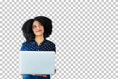 Buy stock photo Woman, student thinking and laptop for online education, university choice or college decision. African person research, e learning ideas and goals on computer isolated on transparent png background