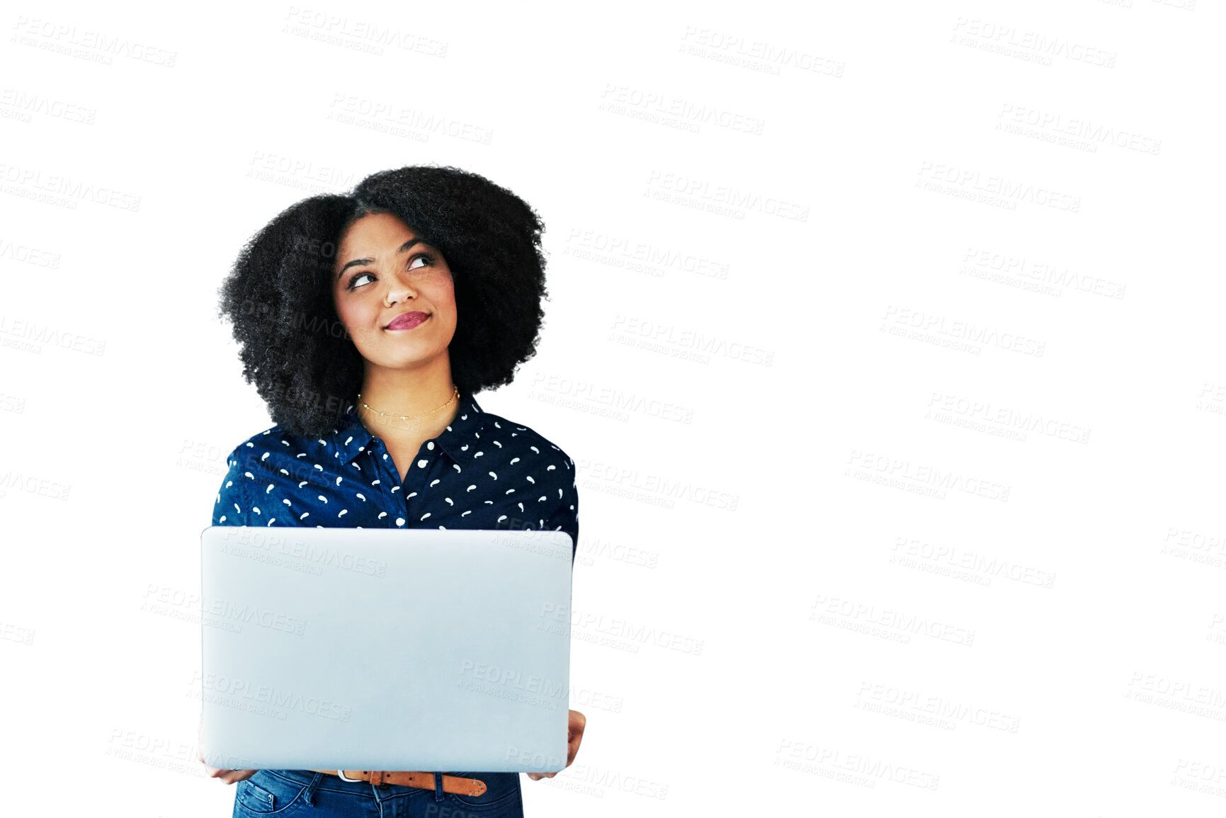 Buy stock photo Woman, student thinking and laptop for online education, university choice or college decision. African person research, e learning ideas and goals on computer isolated on transparent png background