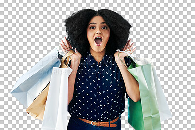 Buy stock photo Woman, winner surprise and shopping bag for discount, sale or winning, deal and retail giveaway. African person or customer portrait for commerce or wow face isolated on a transparent, png background