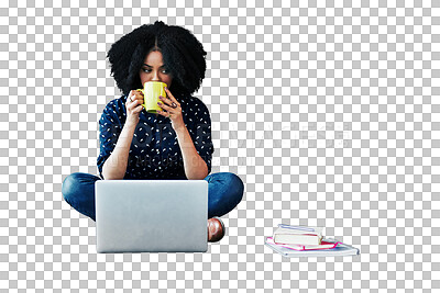 Buy stock photo Woman thinking, coffee cup and computer for planning, online education and university research. African student on laptop, drinking tea and studying with ideas isolated on transparent, png background