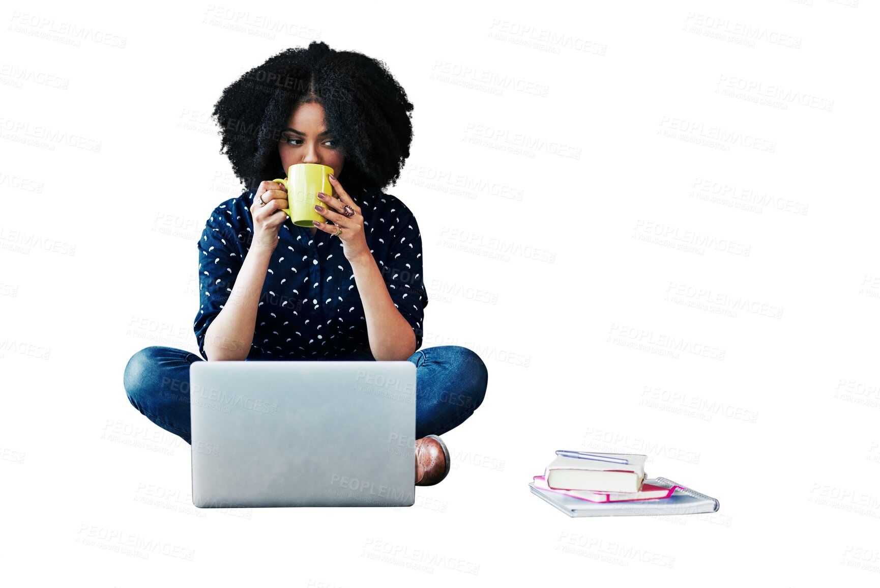 Buy stock photo Woman thinking, coffee cup and computer for planning, online education and university research. African student on laptop, drinking tea and studying with ideas isolated on transparent, png background