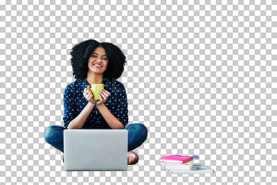 Buy stock photo Woman, student and laptop, coffee or planning for online education, university research or inspiration portrait. African person, computer and books for studying isolated on transparent png background