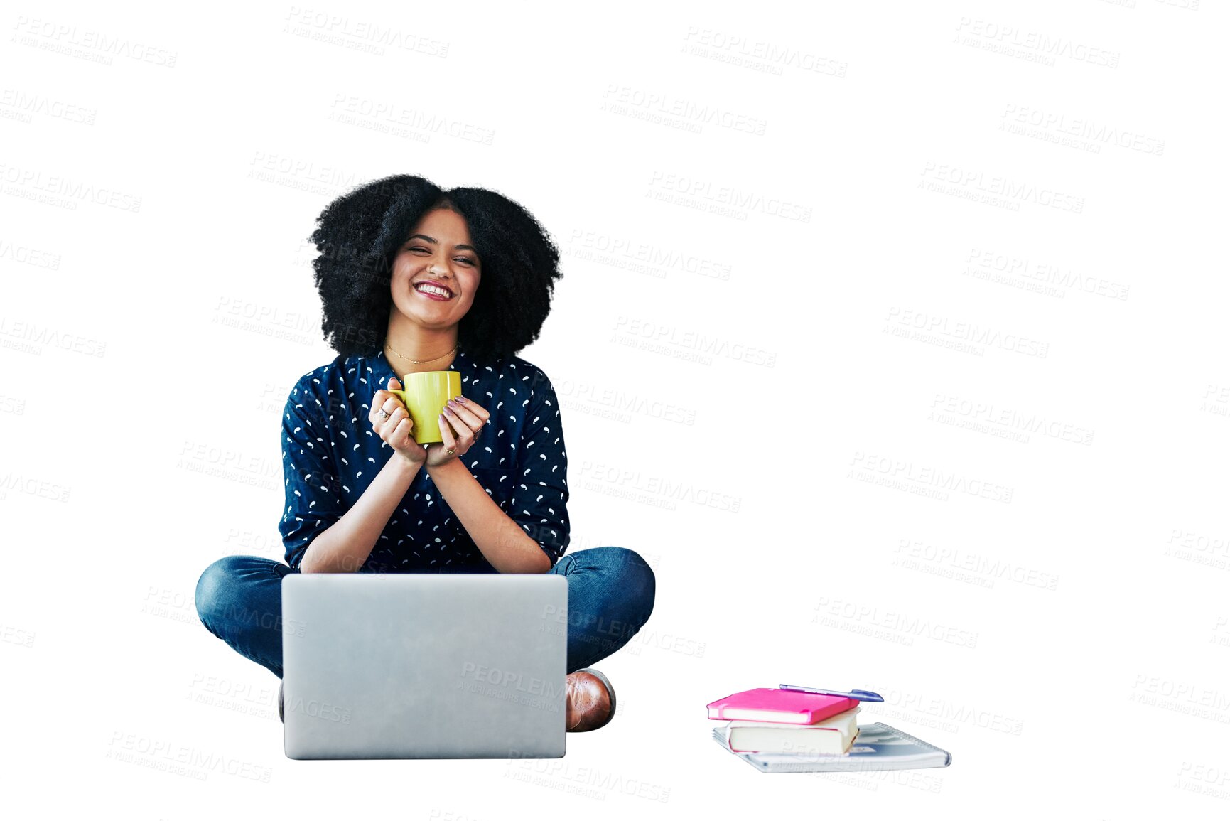 Buy stock photo Woman, student and laptop, coffee or planning for online education, university research or inspiration portrait. African person, computer and books for studying isolated on transparent png background