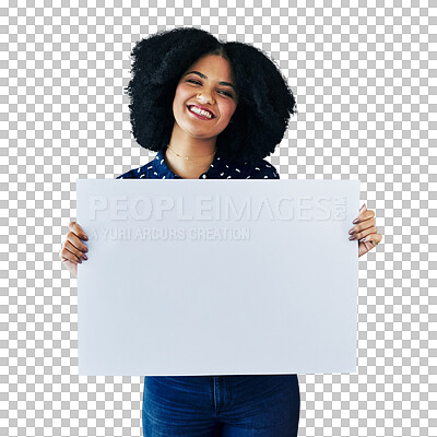 Buy stock photo Woman, poster mockup and happy presentation for advertising opportunity, news and learning announcement. Portrait of african student with board for education isolated on a transparent, png background