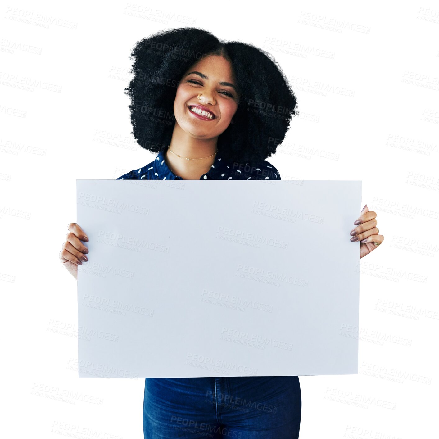 Buy stock photo Woman, poster mockup and happy presentation for advertising opportunity, news and learning announcement. Portrait of african student with board for education isolated on a transparent, png background