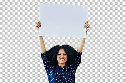 Buy stock photo Woman, poster mockup and happy announcement, marketing and winner news, presentation or information. Portrait of african person with board, sale or discount isolated on a transparent, png background