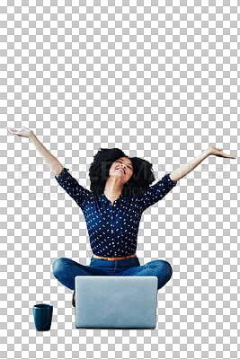 Buy stock photo Happy woman, laptop and celebration for winning or good news isolated on a transparent PNG background. Excited female person smile for bonus sale, promotion or online discount on computer in success