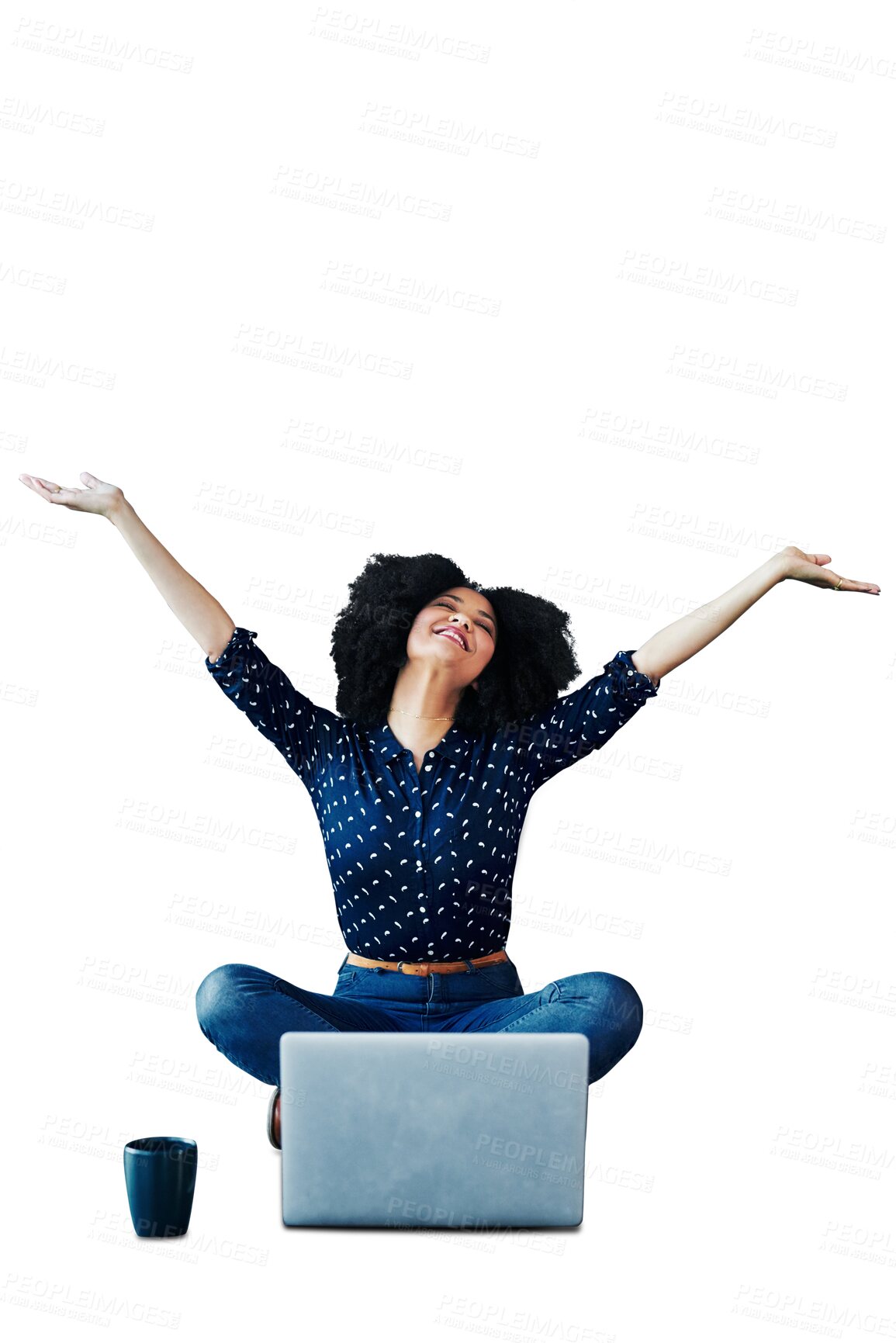 Buy stock photo Happy woman, laptop and celebration for winning or good news isolated on a transparent PNG background. Excited female person smile for bonus sale, promotion or online discount on computer in success