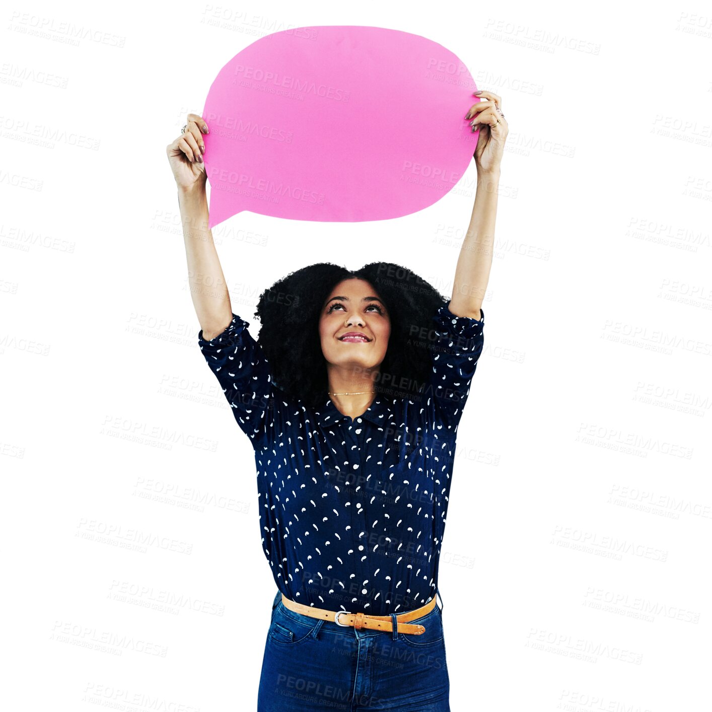 Buy stock photo Woman, speech bubble and looking up as mockup for news or social media as banner isolated on transparent png background. Female adult, advertising and launch of logo, communication or branding sign