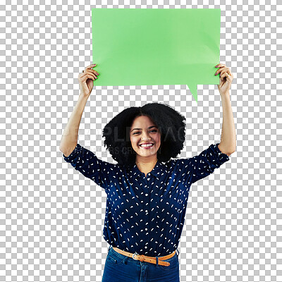 Buy stock photo Portrait, speech bubble and woman with news, communication and banner isolated on a transparent background. Face, happy person or model with mockup, poster and announcement with png and social media