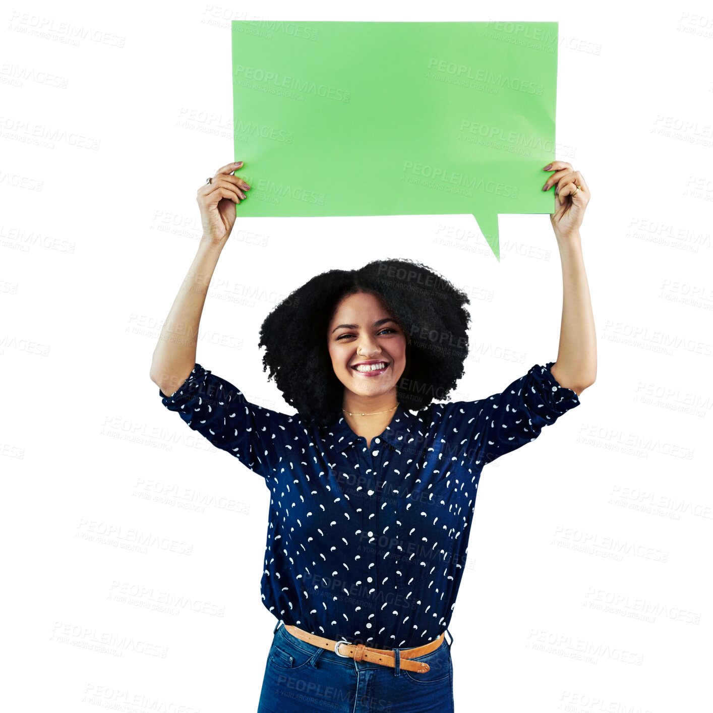 Buy stock photo Portrait, speech bubble and woman with news, communication and banner isolated on a transparent background. Face, happy person or model with mockup, poster and announcement with png and social media