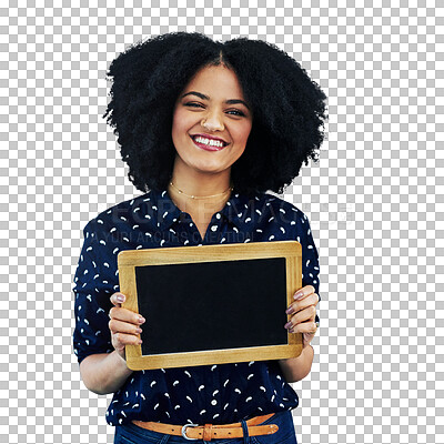 Buy stock photo Happy woman, portrait and billboard sign for advertising or marketing isolated on a transparent PNG background. Female person smile with poster, placard or board for message, alert or notification