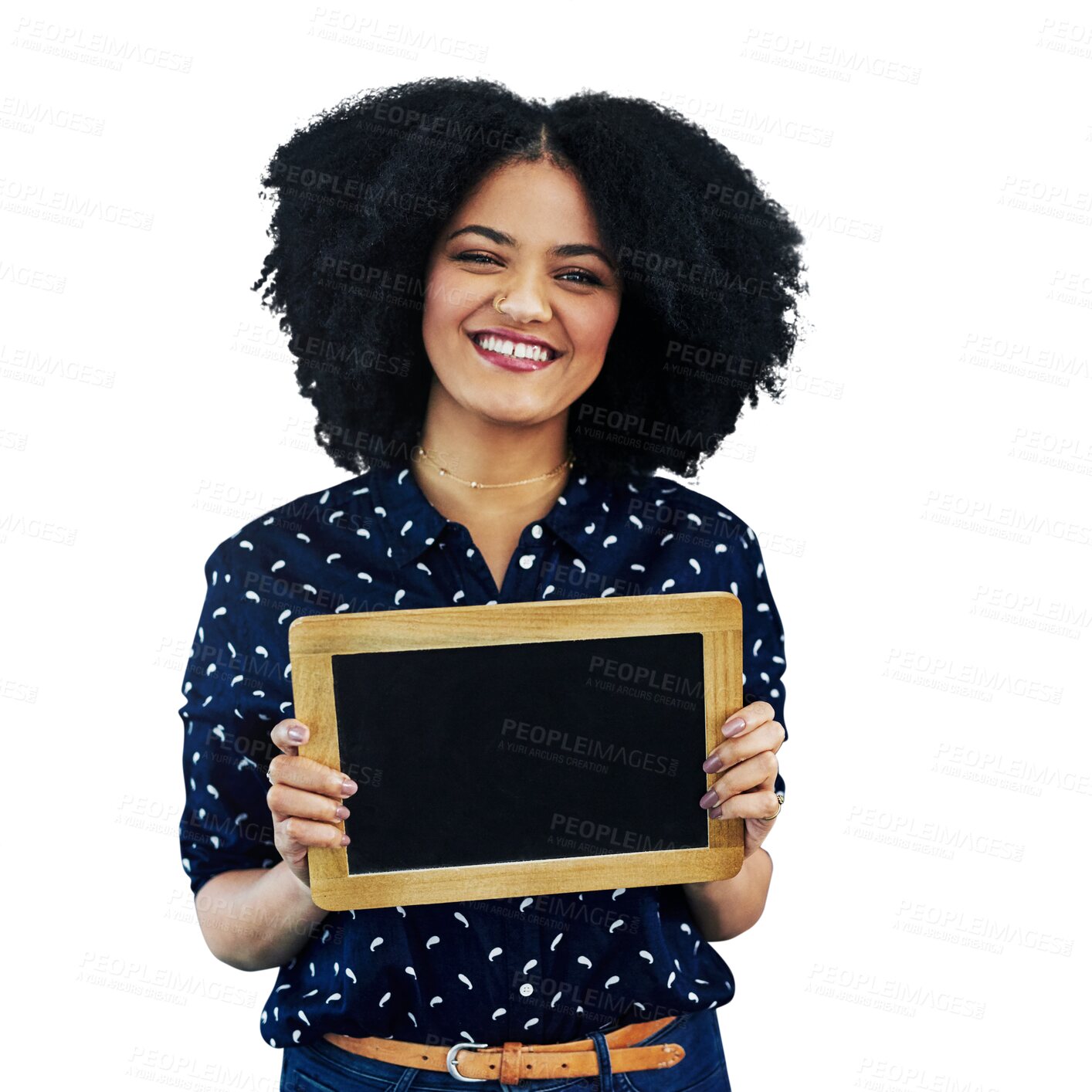 Buy stock photo Happy woman, portrait and billboard sign for advertising or marketing isolated on a transparent PNG background. Female person smile with poster, placard or board for message, alert or notification