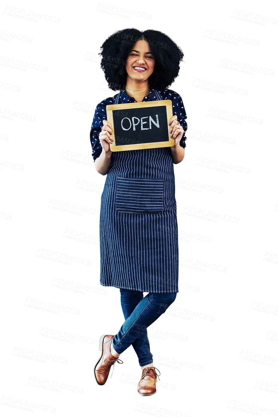 Buy stock photo Happy woman, portrait and open sign in small business cafe or advertising isolated on a transparent PNG background. Female person or waitress smile holding billboard in welcome or ready for service