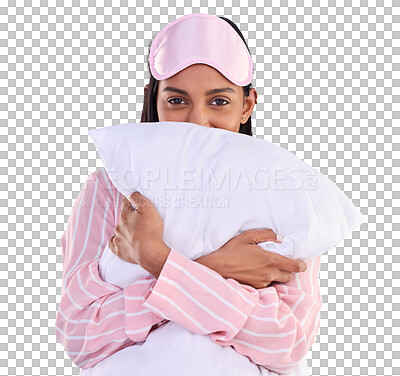 Buy stock photo Hug, pillow and portrait of woman with pajamas, sleep mask and fashion on isolated, transparent or png background. Girl, sleepover and happiness on face with comfortable clothes for bed or night