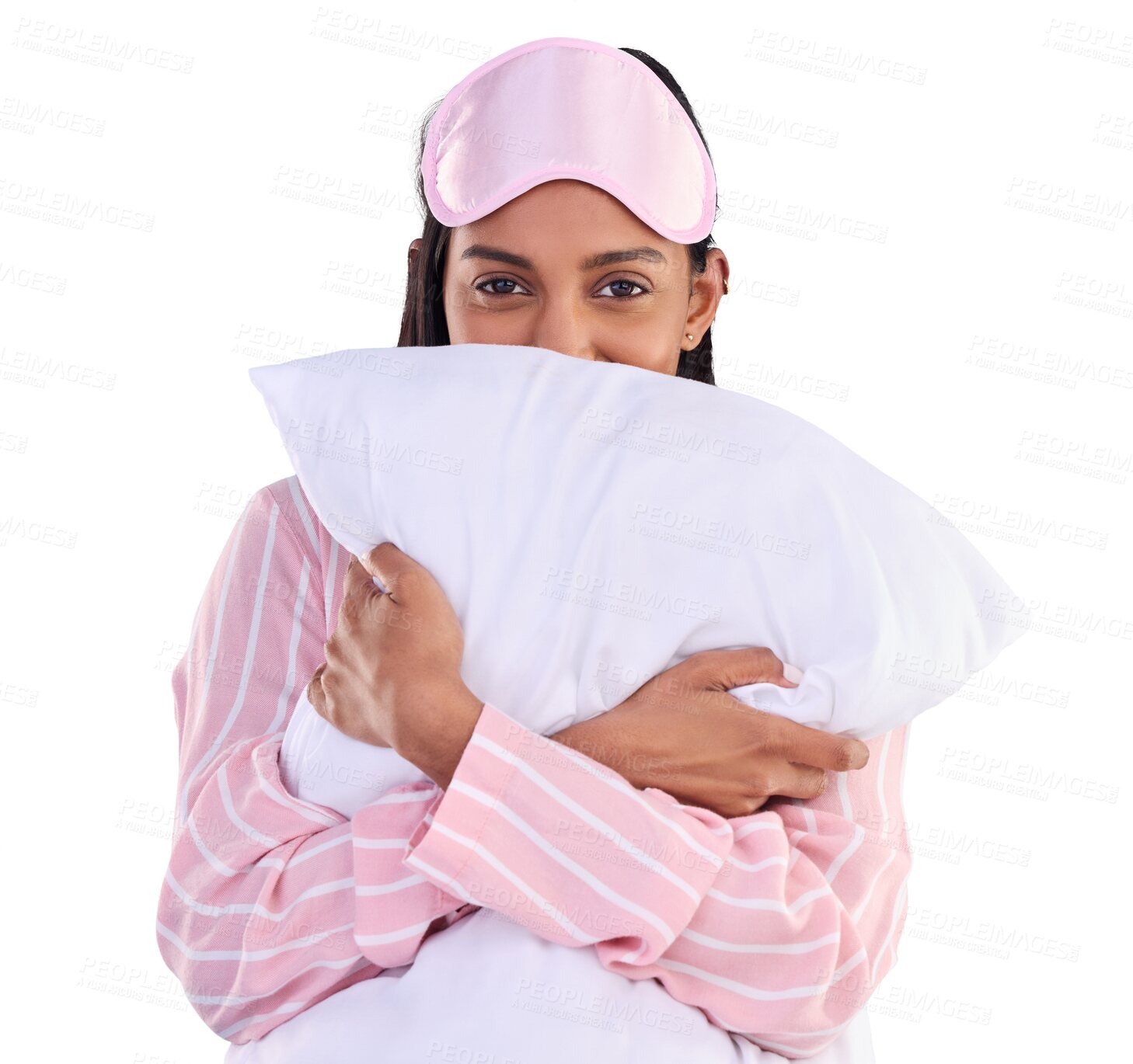 Buy stock photo Hug, pillow and portrait of woman with pajamas, sleep mask and fashion on isolated, transparent or png background. Girl, sleepover and happiness on face with comfortable clothes for bed or night