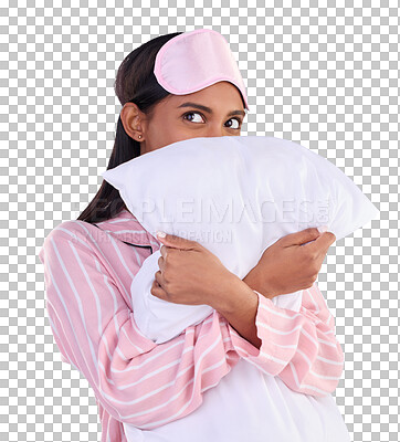 Comfy, bedtime and a woman hugging a pillow isolated on a blue background in a studio. Relax, rest and an Indian girl ready for sleep, napping or night rest and thinking of sleeping on a backdrop