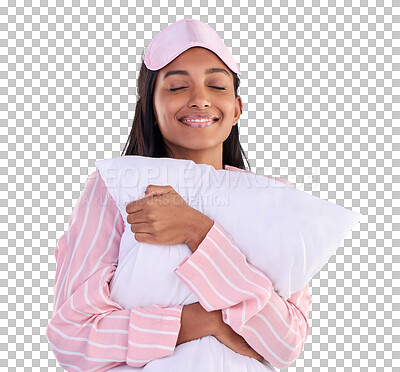 Sleep, happy and a woman hugging a pillow isolated on a blue background in a studio. Smile, comfy and a girl ready for sleeping, nap or slumber in pyjamas for comfort and coziness on a backdrop