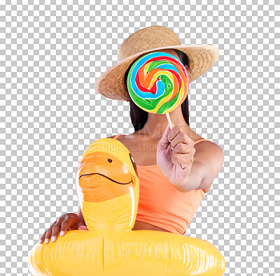 Pool float, woman and lollipop in a studio with sweet snack and swimsuit with a smile. Isolated, blue background and holiday outfit of a young female with sweets, candy and rubber duck feeling fun
