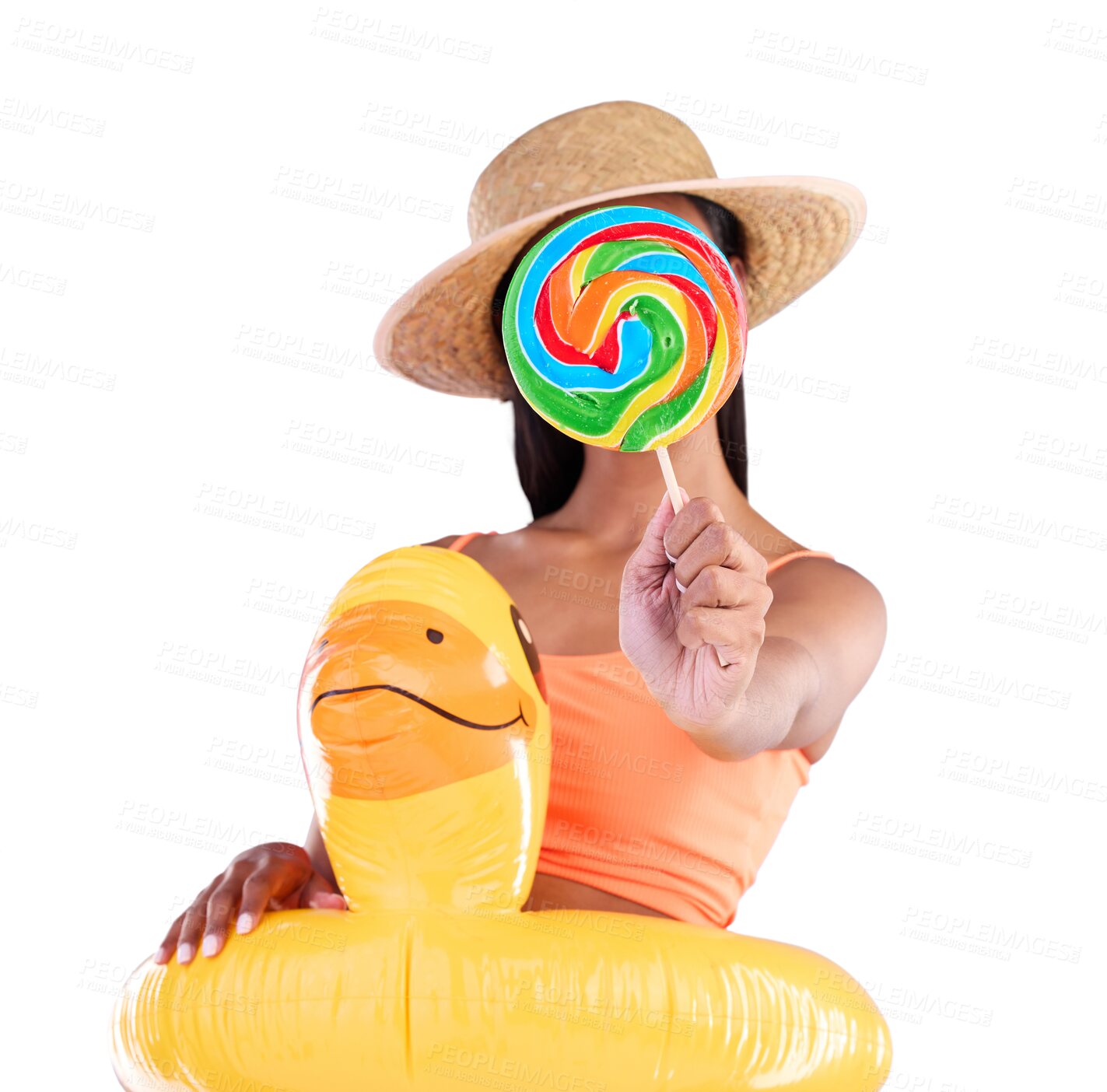 Buy stock photo Pool float, summer and woman with lollipop sweets, delicious snack and bathing swimsuit for fun vacation holiday. Swimming outfit, hidden or person giving dessert candy on transparent, png background