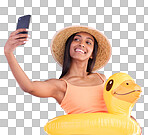 Happy woman, portrait smile and selfie on swimming vacation for profile picture with inflatable duck against a blue studio background. Excited female smiling in swimwear for photo, travel or trip