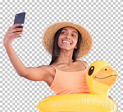 Happy woman, portrait smile and selfie on swimming vacation for profile picture with inflatable duck against a blue studio background. Excited female smiling in swimwear for photo, travel or trip