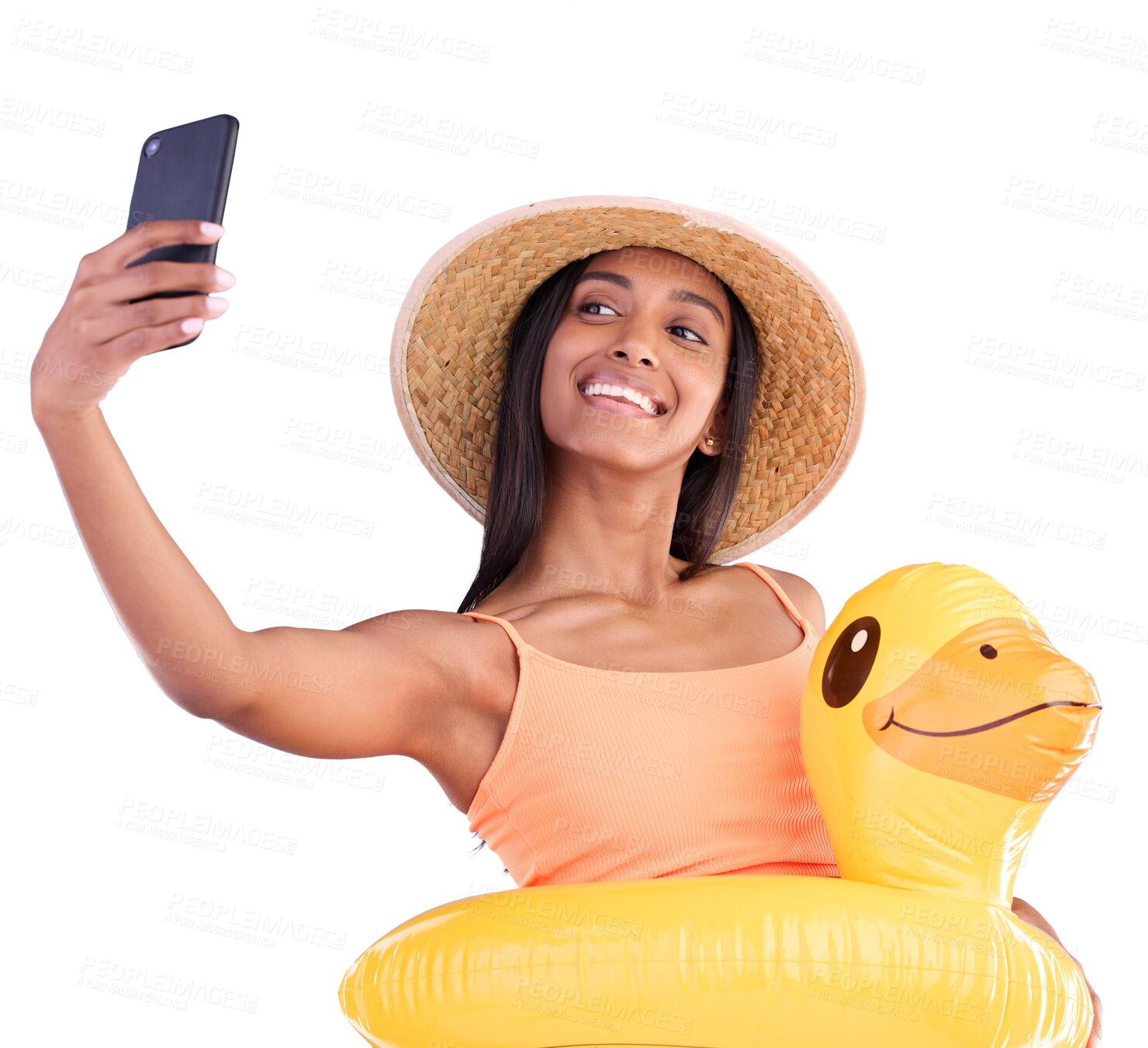 Buy stock photo Selfie, smile and happy woman on swimming vacation for profile picture with inflatable duck isolated on transparent png background. Face, happiness and person in swimwear for photo, travel or trip