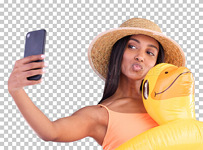 Happy woman, selfie and swimming vacation for social media or profile picture with inflatable duck against a blue studio background. Excited female model in summer swimwear for photo, travel or trip
