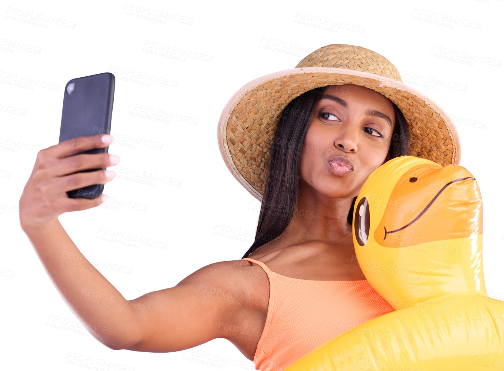 Buy stock photo Selfie, kiss face and woman on swimming vacation for profile picture with inflatable duck isolated on transparent png background. Happiness, hand and person in swimwear for photo, travel or trip