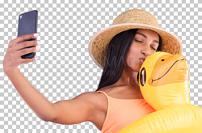 Happy woman, selfie and swimming travel for social media or profile picture with inflatable duck against a blue studio background. Excited female model in summer swimwear for photo, vacation or trip