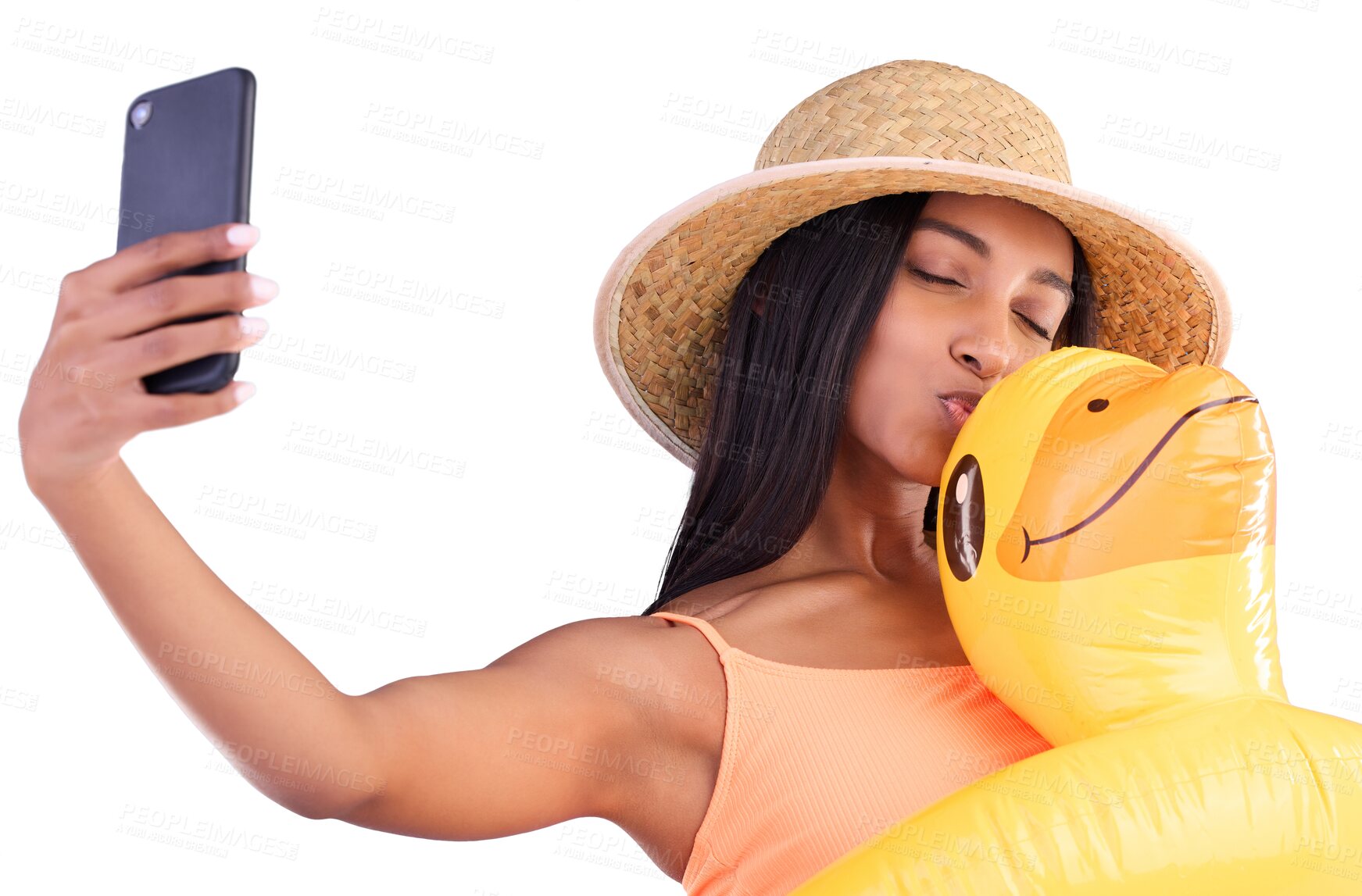 Buy stock photo Selfie, kiss face and woman on swimming vacation for profile picture with inflatable duck isolated on transparent png background. Face, happiness and person in swimwear for photo, travel or trip