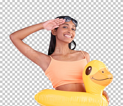 Happy woman, portrait smile and swimming vacation in salute standing with inflatable duck against a blue studio background. Excited female smiling in swimwear ready for swim, pool or travel on mockup
