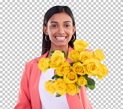 Happy, gift and a portrait of a woman with flowers isolated on a blue background in a studio. Smile, holding and a girl giving a floral bouquet as a present, showing a flower and fresh roses